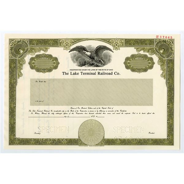 OH. Lake Terminal Railroad Co., 1985 Capital Stock Specimen Certificate, XF