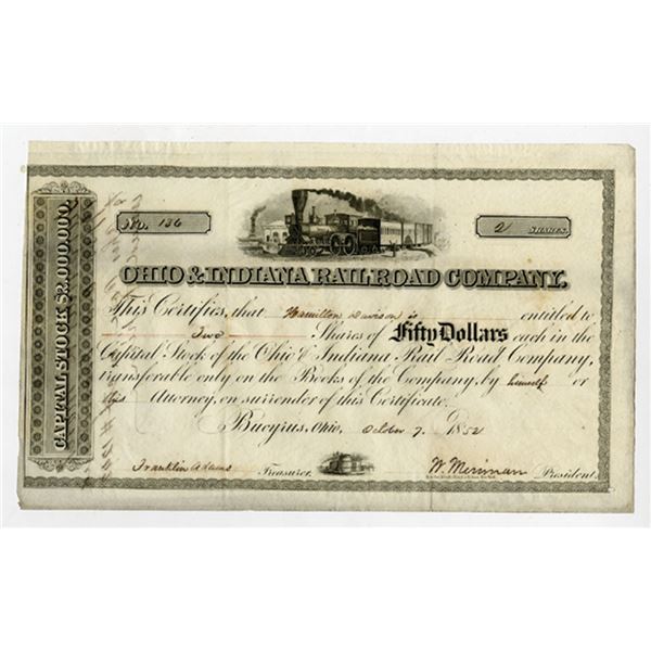 OH. Ohio & Indiana Railroad Co., 1852, Issued Stock Certificate