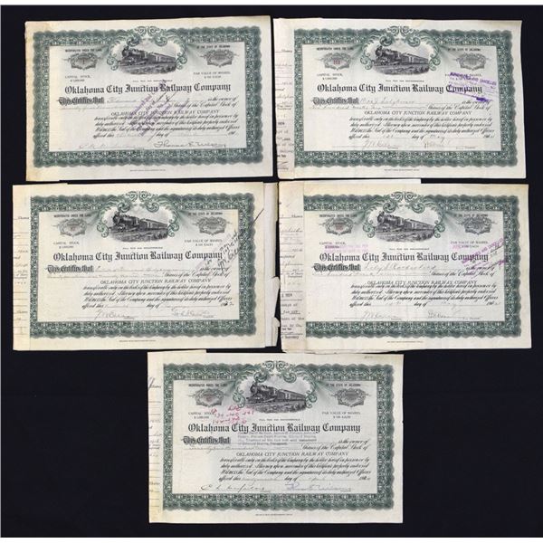 OK. Oklahoma City Junction Railway Co., 1910 to 1924, I/C Stock Certificate Group Including S/N 1.