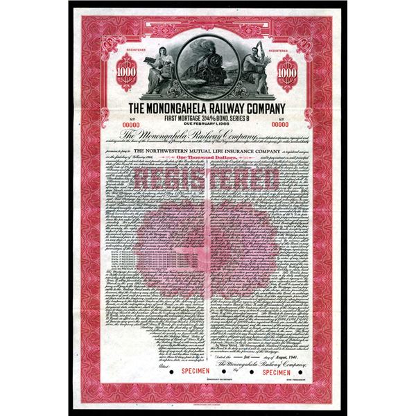 PA. Monongahela Railway Co., 1941 $1000 Specimen 3.25% 1st Mortgage Bond, VF ABN Red