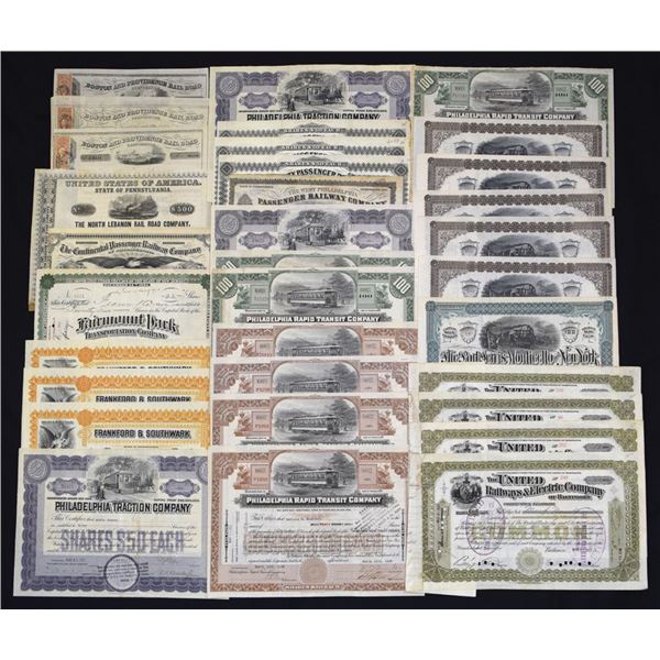 PA. Passenger and Traction Railroad Assortment of Stock Certificates, ca. 1850s to 1900s.