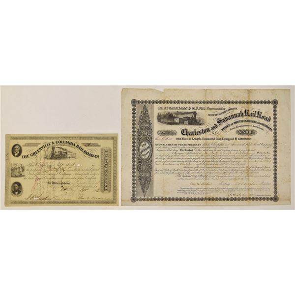 SC. South Carolina Railroad Stock and Bond Certificate Pair, 1856 and 1859