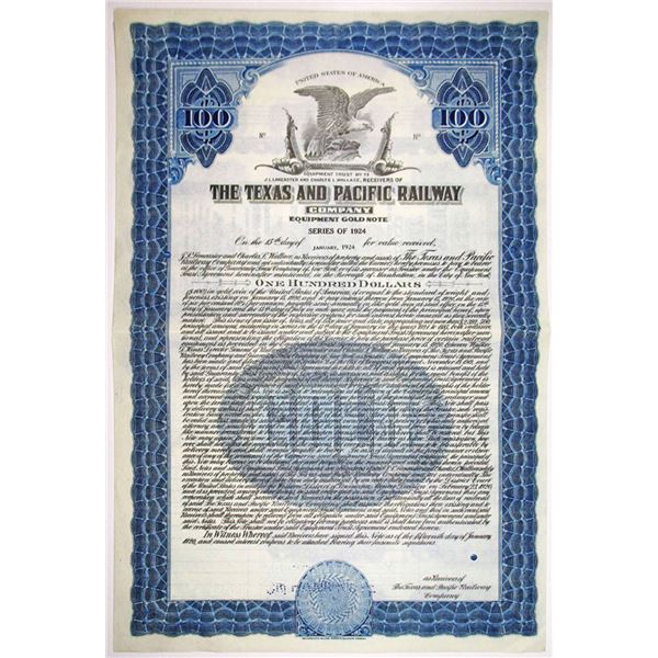 TX. Texas & Pacific Railway Co., 1924 $100 Specimen 6% Gold Coupon Bond, VF HBN Blue