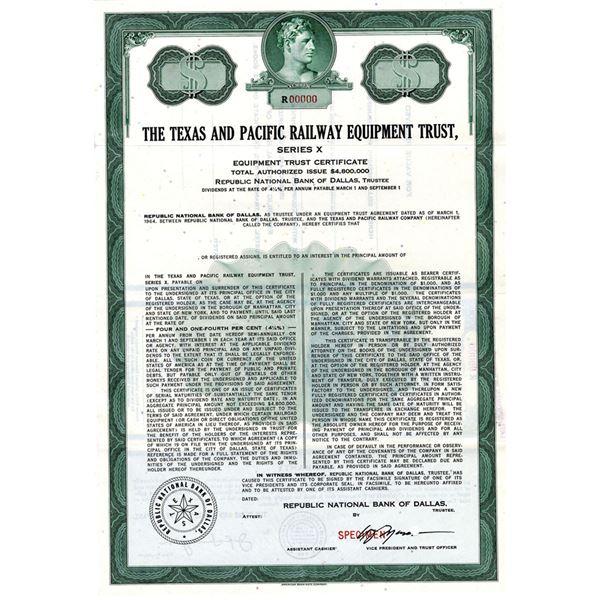TX. Texas & Pacific Railway Equipment Trust, 1950s Specimen 4.25% Equipment Bond xf