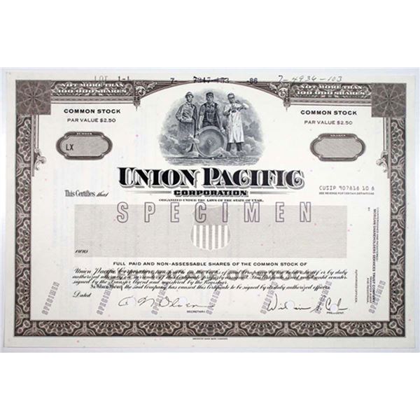 UT. Union Pacific Corp., 1986 <100,000 Shrs Specimen Stock Cert, VF ABNC
