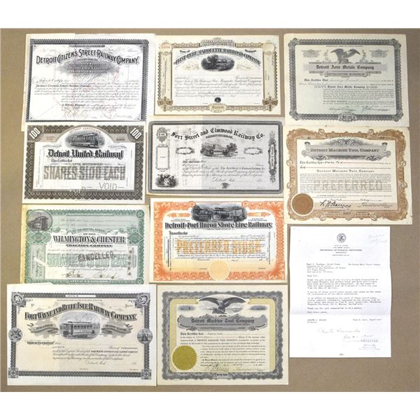 Michigan and NJ Railways and Industrial Related Stock Certificate Assortment, 1894 to 1924