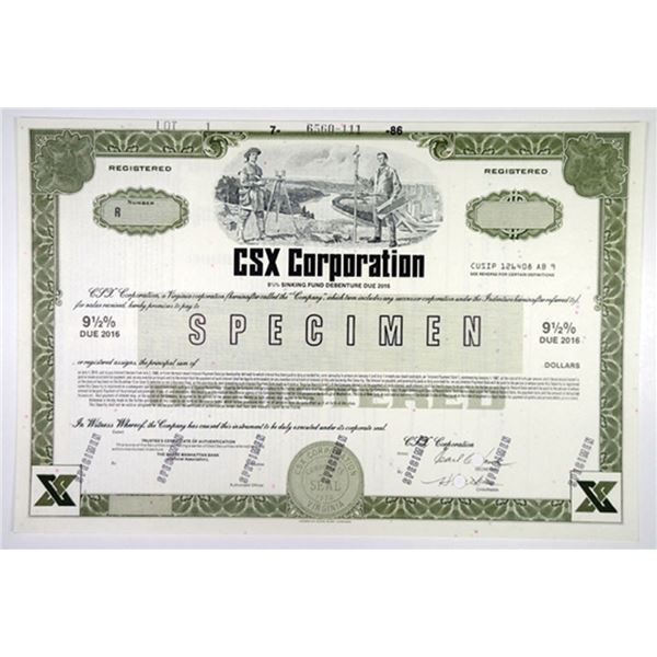 VA. CSX Corp., 1986 Specimen 9 1/2% Registered Sinking Fund Bond, VF ABNC