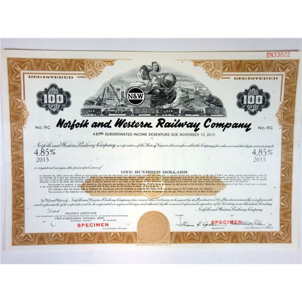 VA. Norfolk & Western Railway Co., 1965 $100 Reg 4.85% Specimen Bond XF -Brown