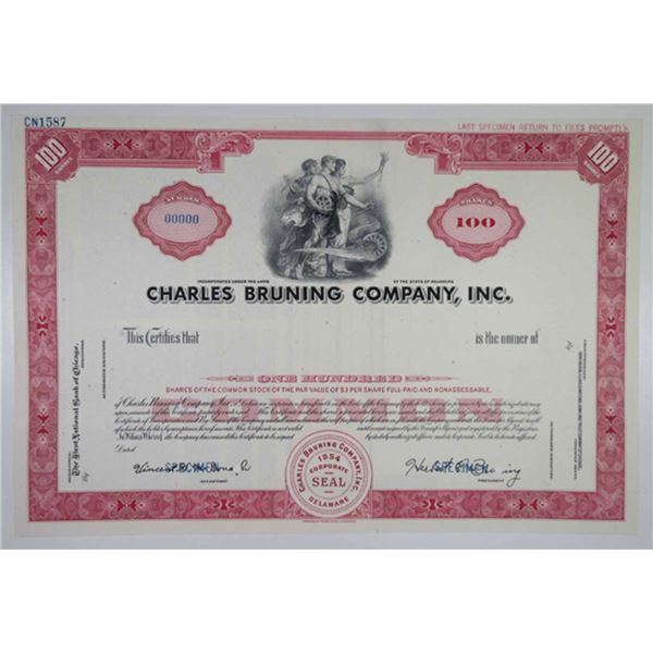Charles Bruning Co., Inc., 1960s Specimen Stock Certificate, VF ABNC Pink