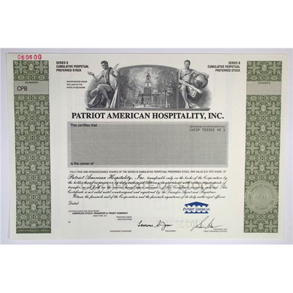Patriot American Hospitality, Inc., 1999 Series B Preferred Specimen Cert, XF