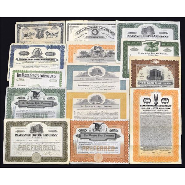 Hotel and Resort Stock & Bond Assortment, ca. 1900s to 1950s.