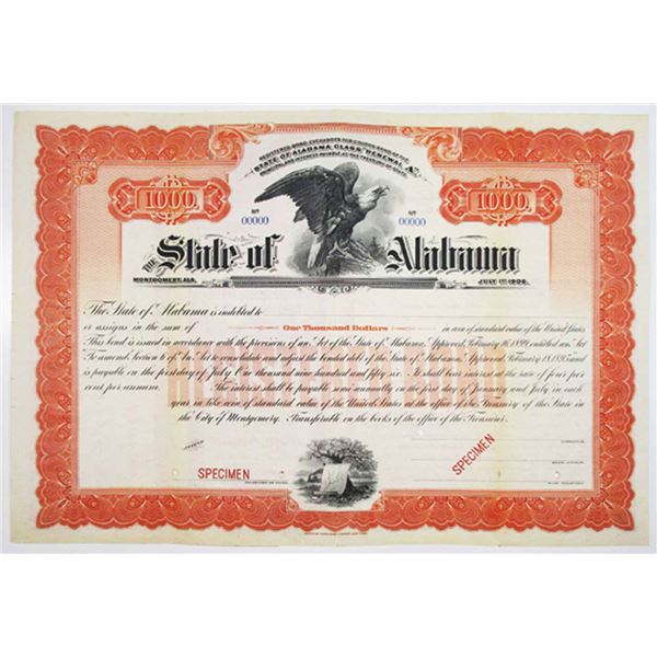 AL. State of Alabama, 1906 $1000 Specimen 4% Registered Renewal Bond, VF ABN Orange