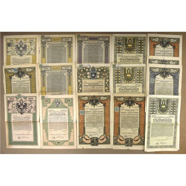 Austria World War I Era War Bond Collection, 1915 to 1918.