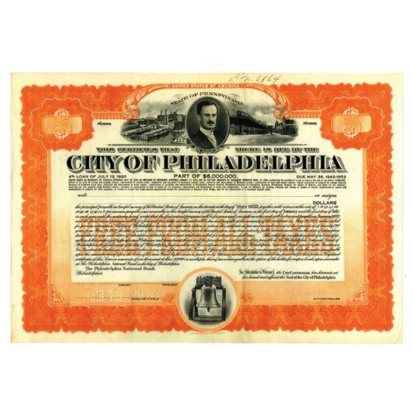 PA. City of Philadelphia, 1922 Proof Certificate $-odd