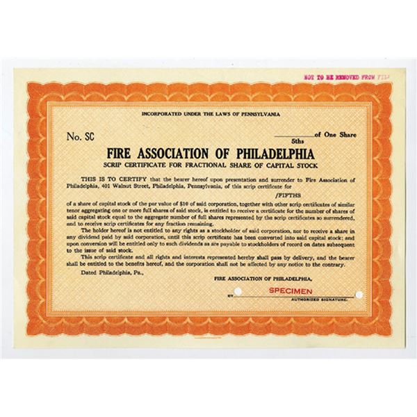 PA. Fire Assoc. of Philadelphia, ca.1920-1930 Specimen Stock Certificate