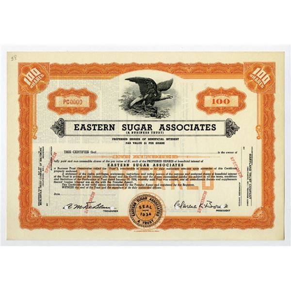 Eastern Sugar Associates, 1940s 100 Shrs Specimen Preferred Stock Cert, VF