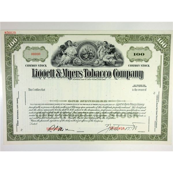 NJ. Liggett & Myers Tobacco Co 1940-50 Specimen Stock Cert 100 Shrs XF ABN olive