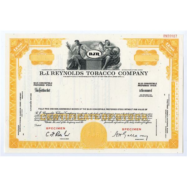 NJ. RJ Reynolds Tobacco Co., 1960s <100 Shrs Specimen Stock Certificate -Yellow