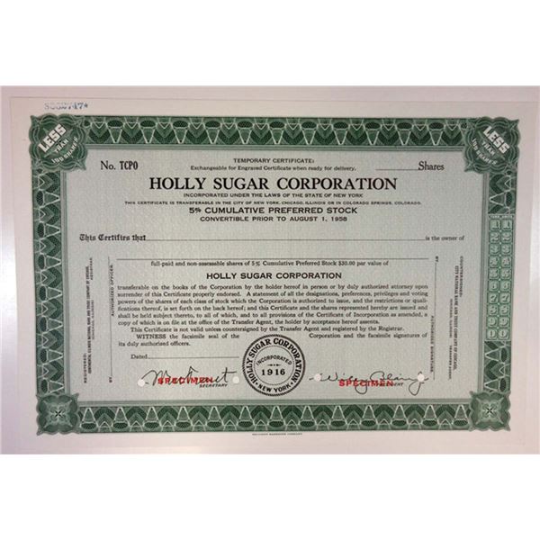 NY. Holly Sugar Corp., 1950s <100 Shrs Specimen Stock Cert, XF SBNC