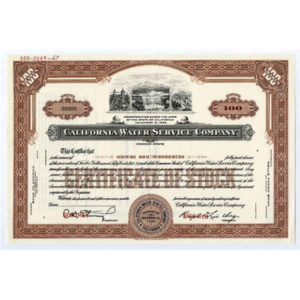 CA. California Water Service Co. 1967, Specimen Stock Certificate.