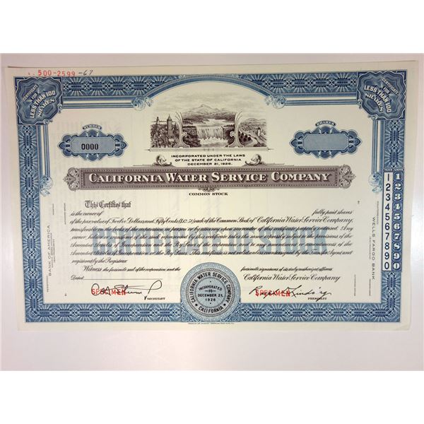 CA. California Water Services 1926 Specimen Stock Certificate ,100 Shr XF ABN