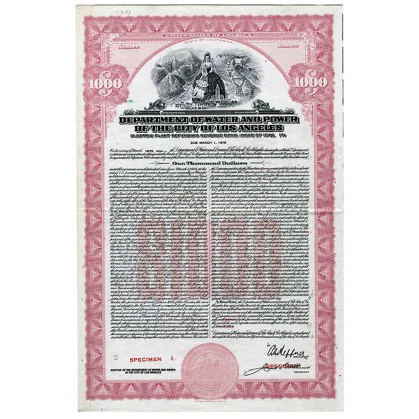 CA. Department of Water and Power of the City of Los Angeles 1946 Specimen Bond Used as Model.