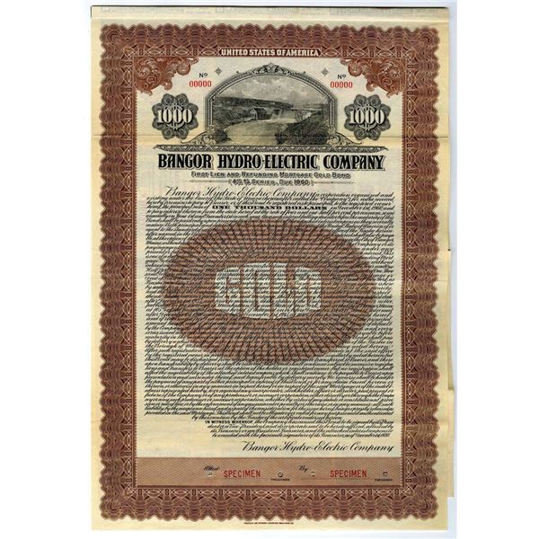 ME. Bangor Hydro-Electric Co, 1930. $1000 Specimen 4.5% Coupon Bond, Fine. FLABN