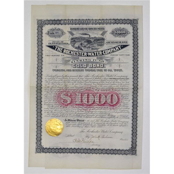PA. Rochester Water Co., 1888 $1000 I/U 6% Sinking Fund Gold Coupon Bond, XF