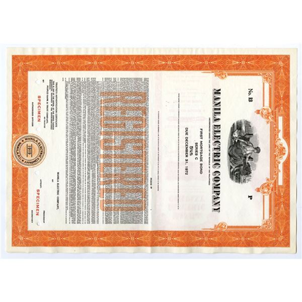 Philippines. Manila Electric Co., 1969. Registered 5 3/4% Specimen Bond. XF SBNC