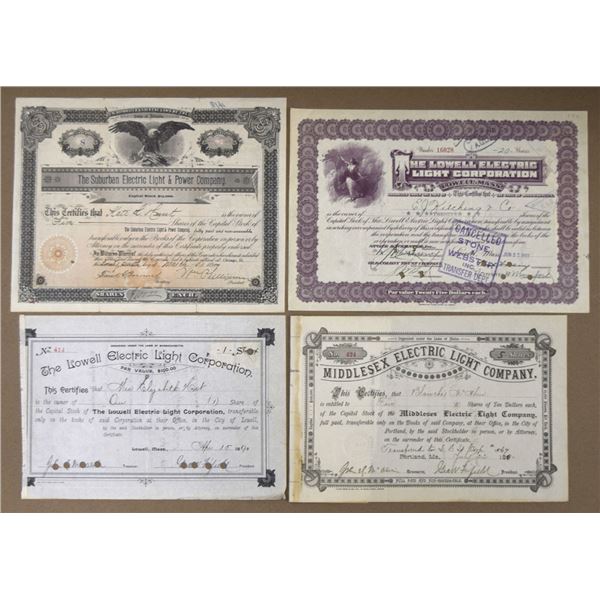 Electric Light Companies, 1890 to 1927, Issued Stock Certificate Quartet.