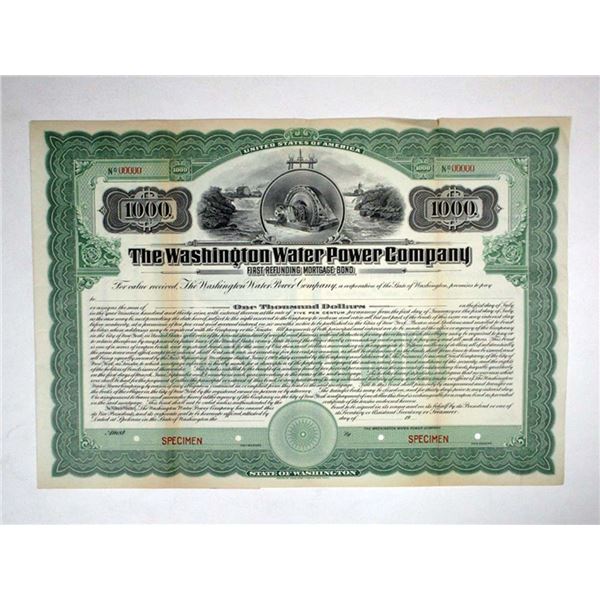 WA. The Washington Water Power Co., 1909. Registered $1000 Bond, VF-XF. ABNC