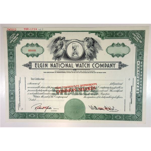 IL. Elgin National Watch Co. 1940-50 Specimen Stock Certificate <100 Shrs XF ABN