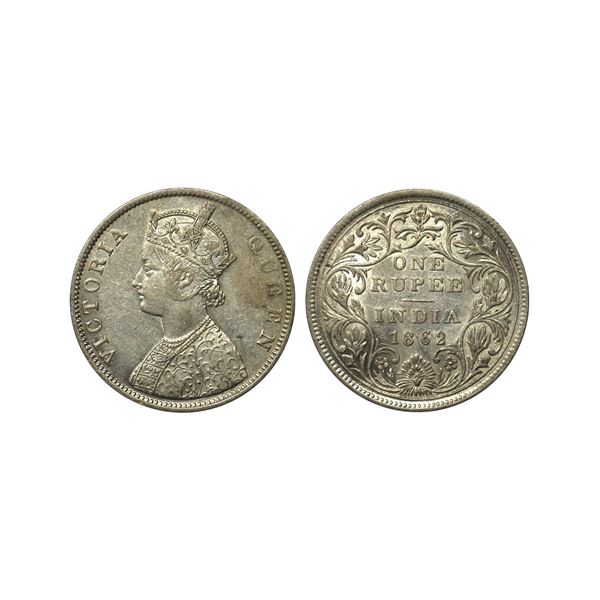 Victoria Queen, Silver Rupee, 1862, B/II, Single Pineapple Buds Above 'O' of ONE