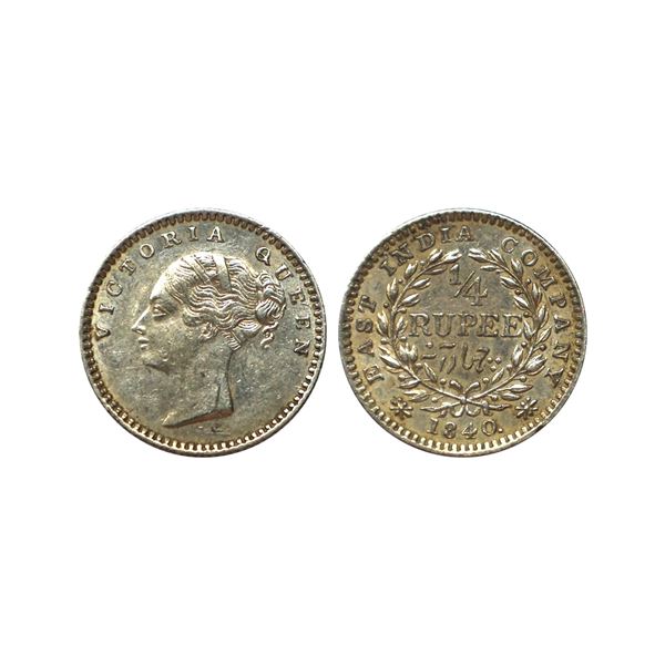 Victoria Queen, Silver 1/4 Rupee, Continuous legend, 1840