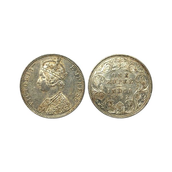Victoria Empress, Silver Rupee, 1892, C2/I,B Incuse on top flower