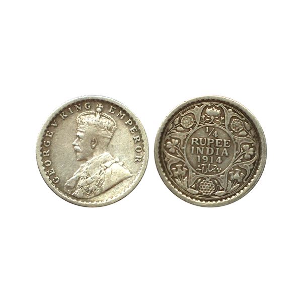 George V King Emperor, Silver 1/4 Rupee, 1914