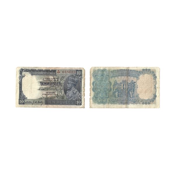 George V, Rupees 10, 1933, signed J. W. Kelly, Serial number : P43 645613