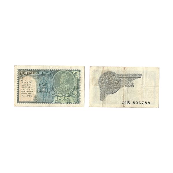 George V, Rupee 1, 2nd issue, 1935, signed J. W. Kelly, Prefix B, Serial number : 24B 806788
