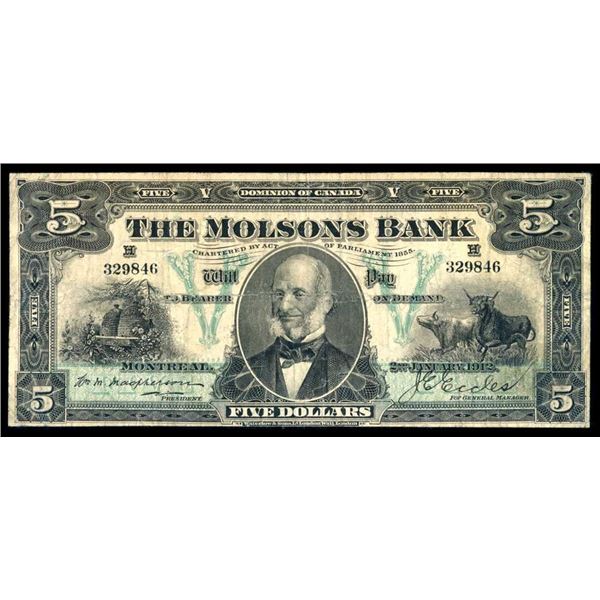 CANADA - The Molson Bank $5 1912 PMG 20 Very Fine