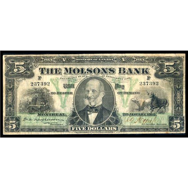 CANADA - The Molsons Bank $5 1912 - Legacy VF-20
