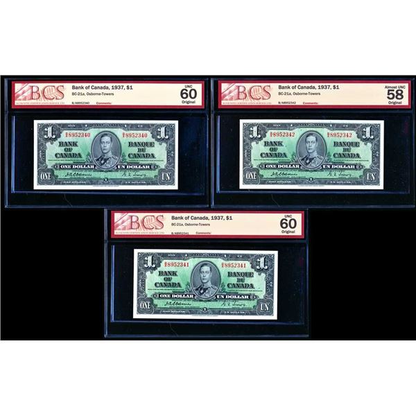 BANQUE DU CANADA - $1 1937 Osbourne-Towers - Lot de 3 consEcutifs AU-UNC gradEs