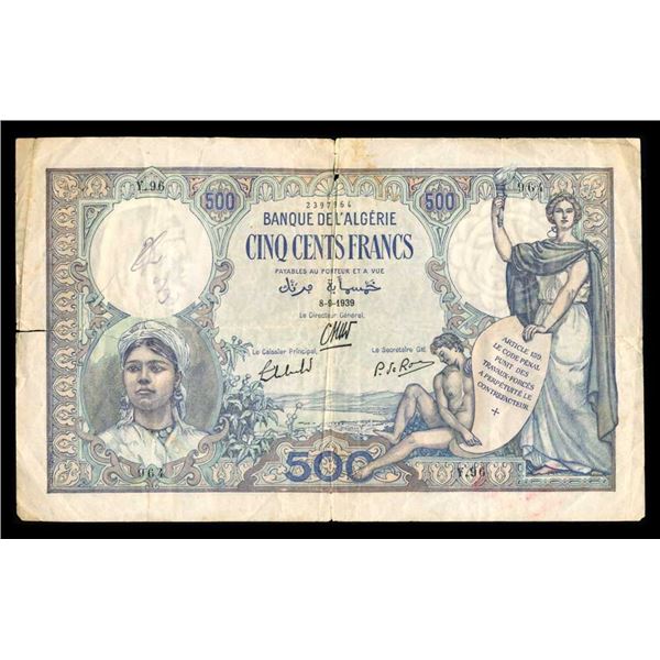 ALGERIE - Lot de 2 grands billets 500 et 1000 francs 1938-1939