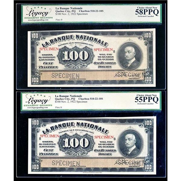CANADA - La Banque Nationale $100 SpEcimen 1922 x 2 certifiEs AU-55 et 58