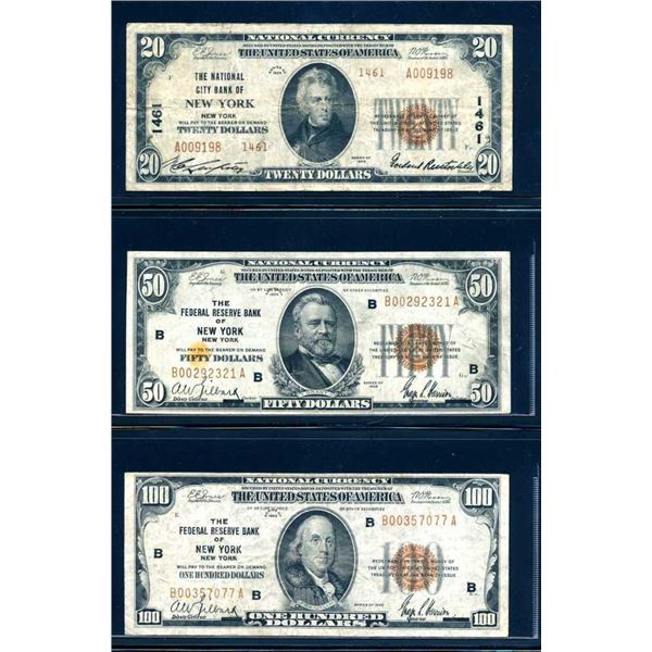 USA - Ensemble $20 $50 et $100 National Currency 1929 New York
