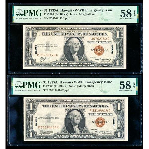 USA - 2 x $1 1935 Hawaii WWII Emergency Issue certifiEs PMG 58 EPQ