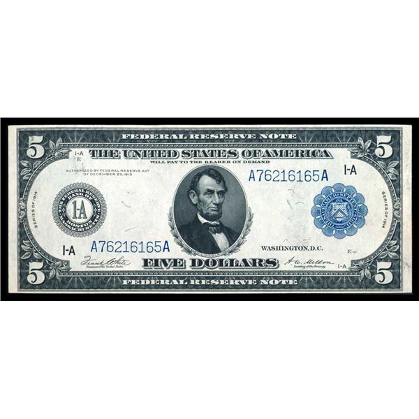 USA - $5 1914 Federal Reserve Note 1914 certifiE Legacy VF-35