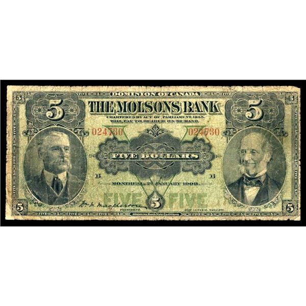 CANADA - The Molsons Bank $5 1908 G-VG