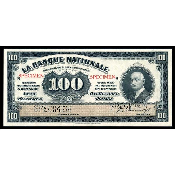 CANADA - La Banque Nationale QuEbec $100 1922 SPECIMEN CCC UNC-63