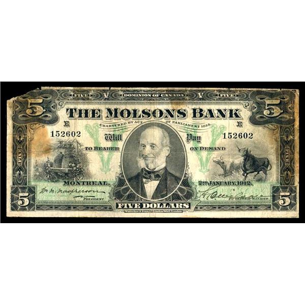 CANADA - The Molsons Bank $5 1912 G-VG