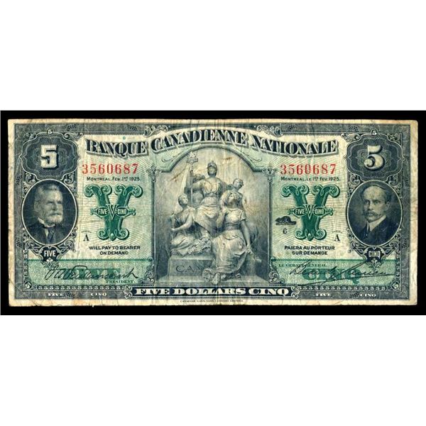 CANADA - Banque Canadienne Nationale $5 1925 BCS VF-20